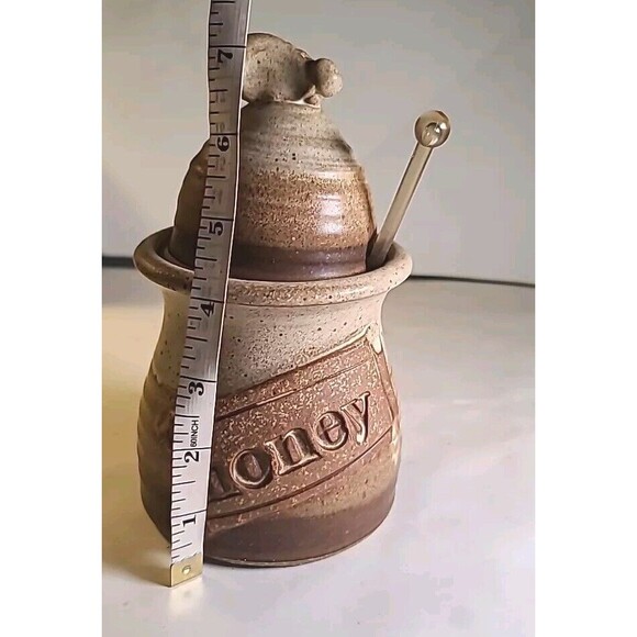 Wagner Village Pottery Glazed Honey Pot and Wooden Dipper Hand Made Signed - Picture 4 of 9